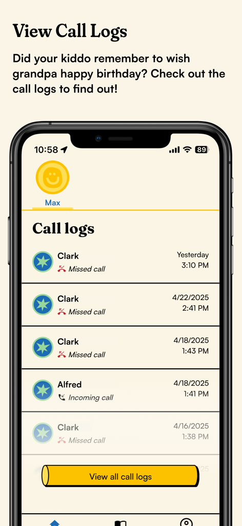 Tin Can - Companion App - Parental dashboard in the Tin Can app showing a history of incoming and missed calls for a child device.