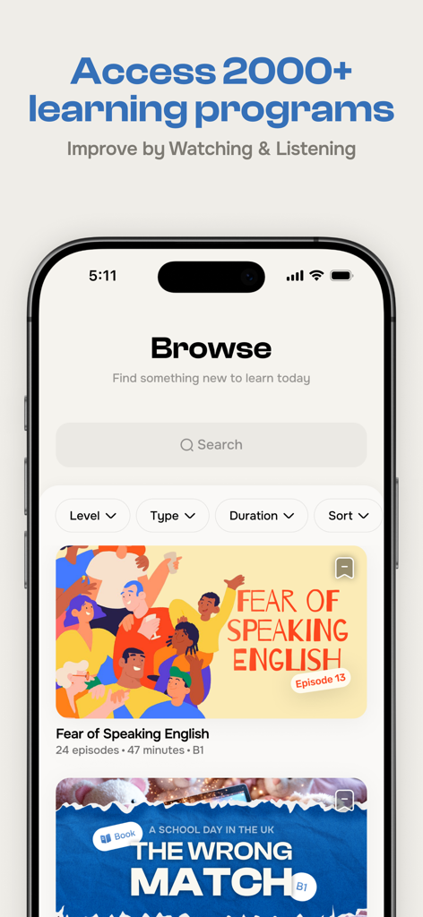 English Club - Daily Challenge - Pantalla de búsqueda de la aplicación English Club que muestra más de 2000 programas de aprendizaje en video, incluida una lección sobre cómo superar el miedo a hablar inglés.