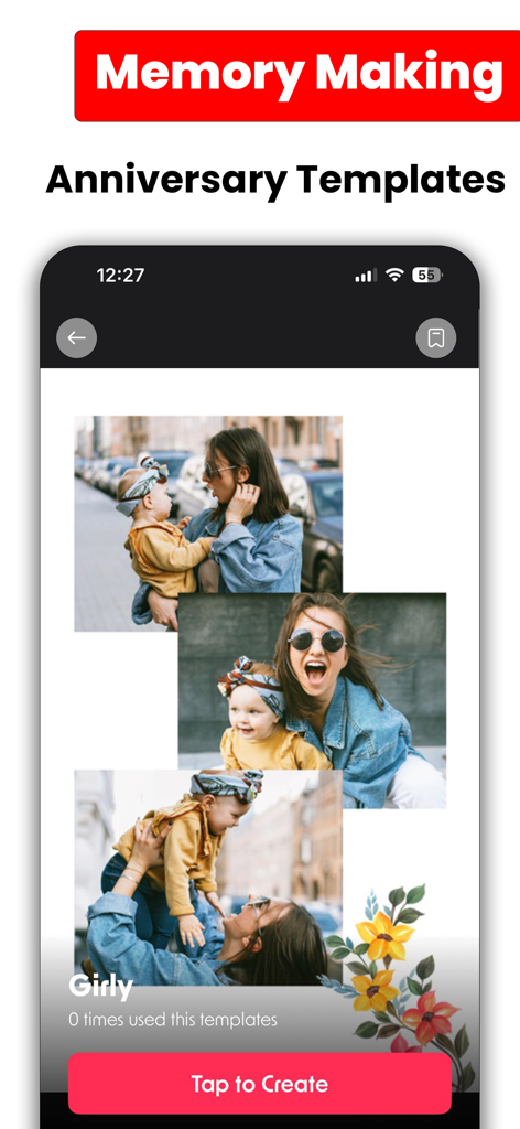 Poster & Flyer Maker: PostArt - Mobile app interface of PostArt showing an anniversary template with a family photo collage and floral decorations.