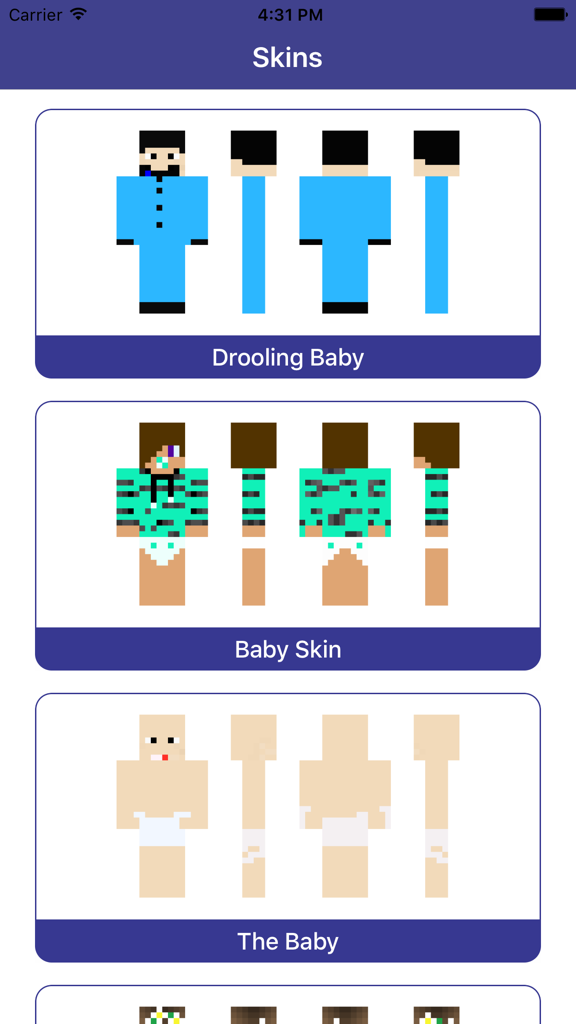 Baby Skins for Minecraft PE - Boy & Girl Skinseed - Interface showing a variety of baby character skins for Minecraft Pocket Edition.