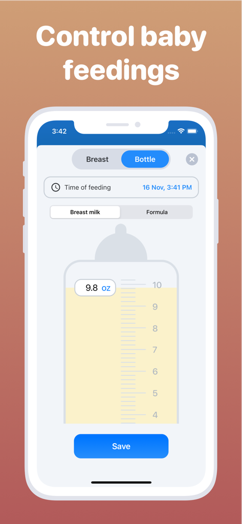 Tela do aplicativo rastreador de alimentação do bebê para registrar a ingestão de leite em mamadeira