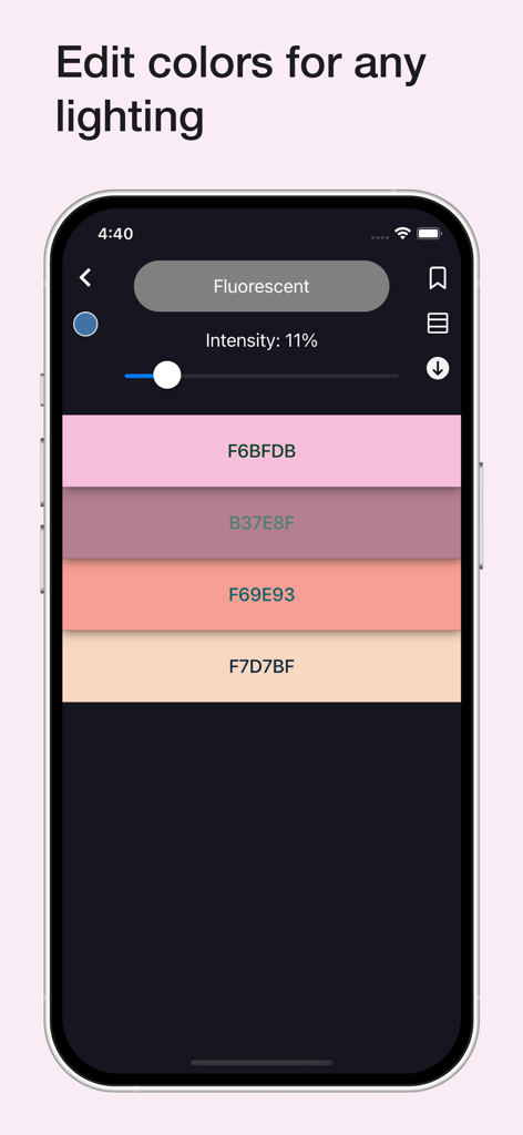 Color Wheel - カラーホイールアプリのインターフェース。11%の強度で蛍光灯に調整されたカラーパレットが表示されています。