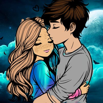 a realistic couple boy and girl hugging and kissing