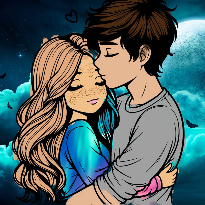a realistic couple boy and girl hugging and kissing