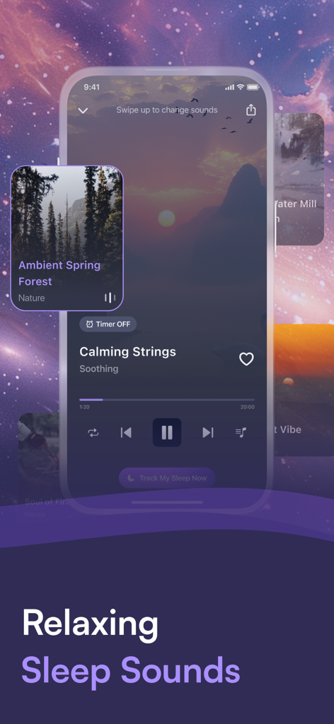 Track My Sleep Now - 더 나은 휴식을 위한 편안한 수면 소리와 주변 소음을 보여주는 모바일 앱 화면