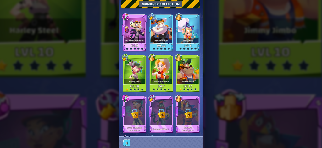 Idle Junkyard Tycoon: Be Rich! - Pantalla de colección de gerentes del juego que muestra varias tarjetas de personajes con nombres, niveles y clasificaciones por estrellas