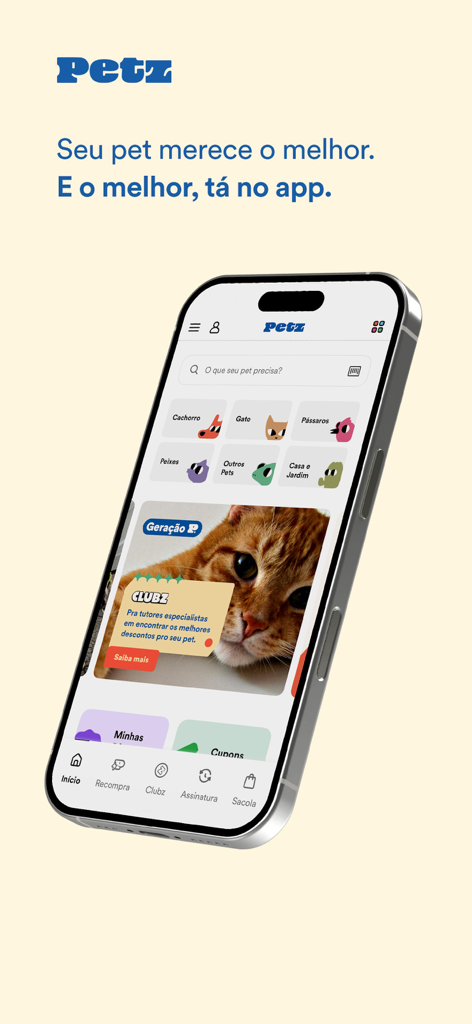 Petz: Tudo que seu pet precisa - Smartphone screen displaying the Petz mobile app home page with pet shopping categories and promotional banners