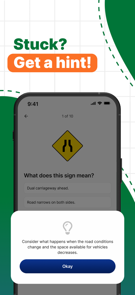Driving Test Routes Ireland - RSA Theory Test app showing a hint pop-up for a road sign practice question.
