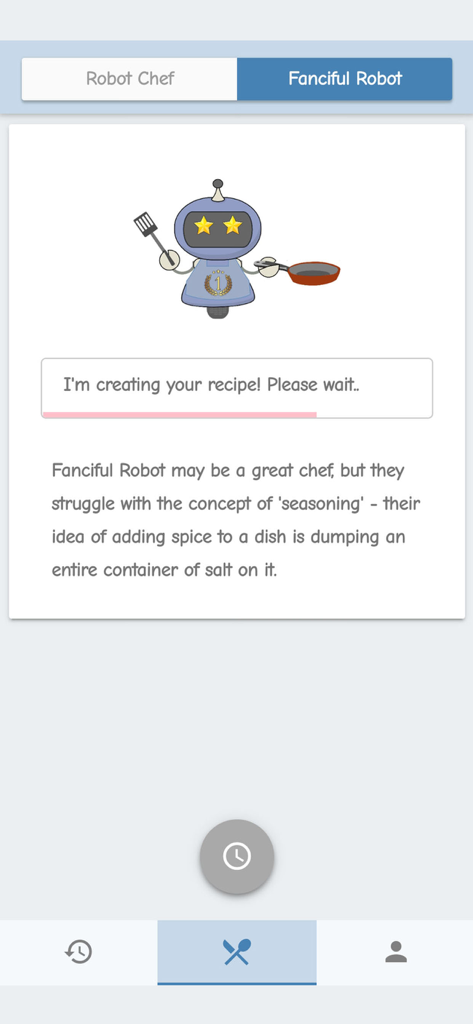 Robot Chef - Quick recipes - Captura de pantalla de la pantalla del Robot Fantasioso en la aplicación Robot Chef mostrando un personaje robot de dibujos animados y una barra de progreso para la creación de recetas con una descripción humorística.