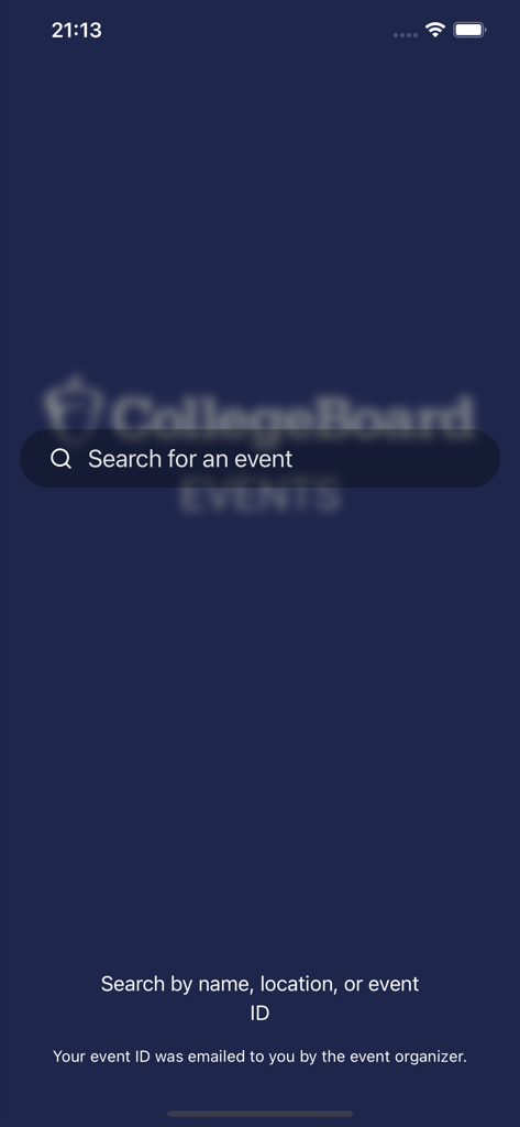 College Board Events - Schermata di ricerca per eventi e conferenze nell'app Eventi College Board
