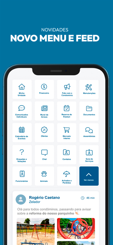 Condomob Condomínios - Mobile interface of the Condomob app showing a grid of service icons and a community news feed.