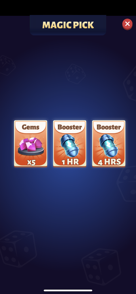 Ludo Titan app Magic Pick feature showing gem and booster rewards