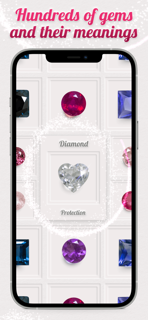A mobile screen from the Dazzly app showing various gems like diamonds and rubies with their symbolic meanings