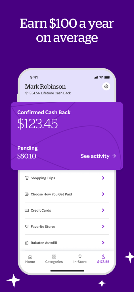 Rakuten app interface showing confirmed cash back earnings and account balance details