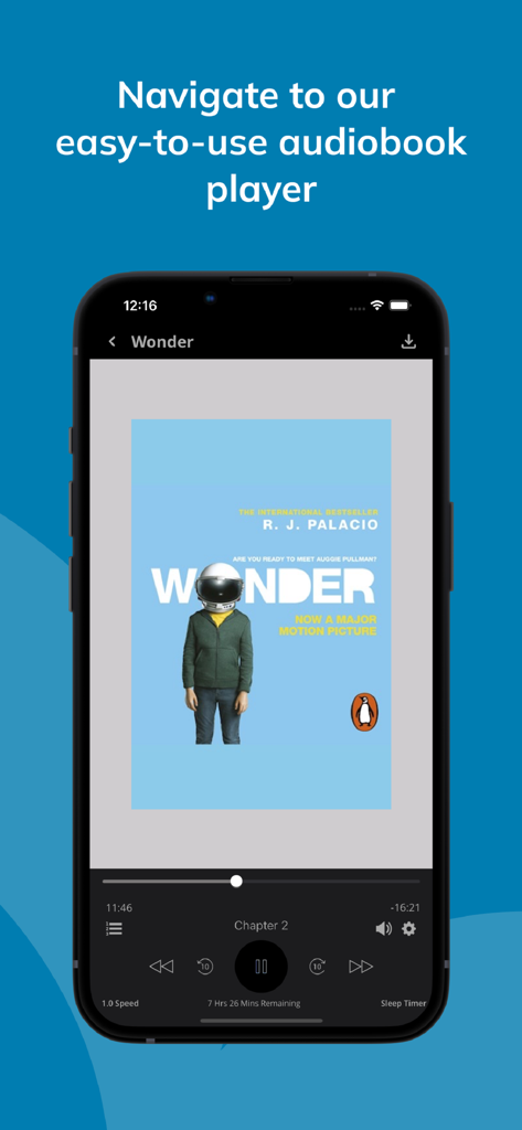 ePlatform Digital Library App Hörbuch-Player-Oberfläche, die das Buchcover von Wonder von RJ Palacio zeigt