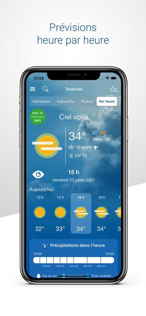App mobile Météo-France che visualizza le previsioni meteo orarie e la temperatura per Tolosa