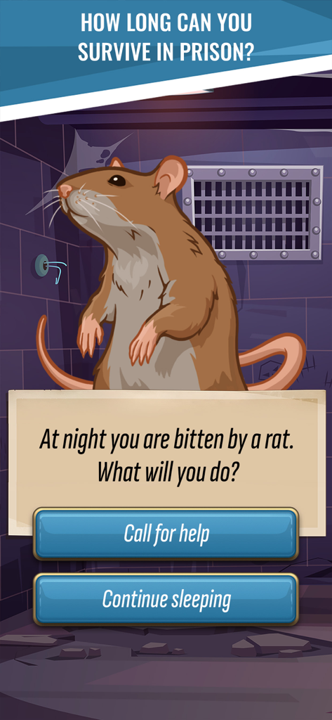 Hoosegow: Prison Survival - A choice based gameplay screen in Hoosegow Prison Survival featuring a rat in a cell and a decision prompt asking the player how to react to a bite