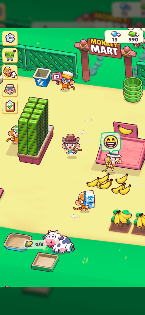 Monkey Mart - Monos gestionando un supermercado cosechando plátanos y reponiendo estantes en el juego inactivo Monkey Mart.