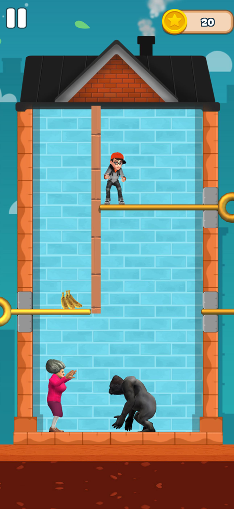 Pull The String Nick's Quest - Capture d'écran du gameplay de Nick's Quest montrant une énigme de tirage de ficelle avec Nick, la Méchante Enseignante et un gorille.