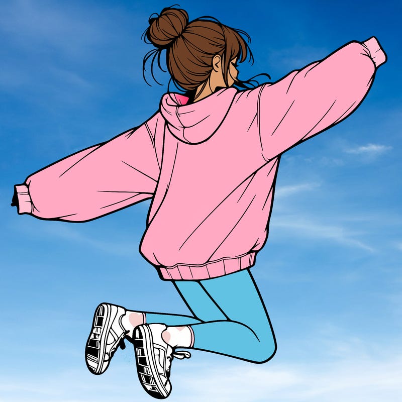 realistic girl jumping with a bun and oversized sweatshirt
