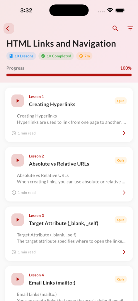Elenco di lezioni di codifica per link HTML e navigazione con monitoraggio dei progressi.