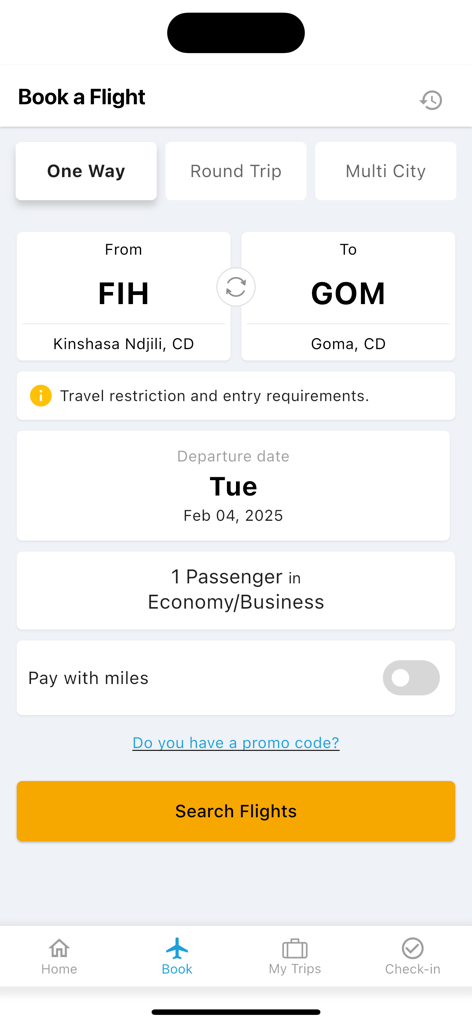 Air Congo - Schermata dell'app mobile Air Congo per la prenotazione di un volo da Kinshasa a Goma.