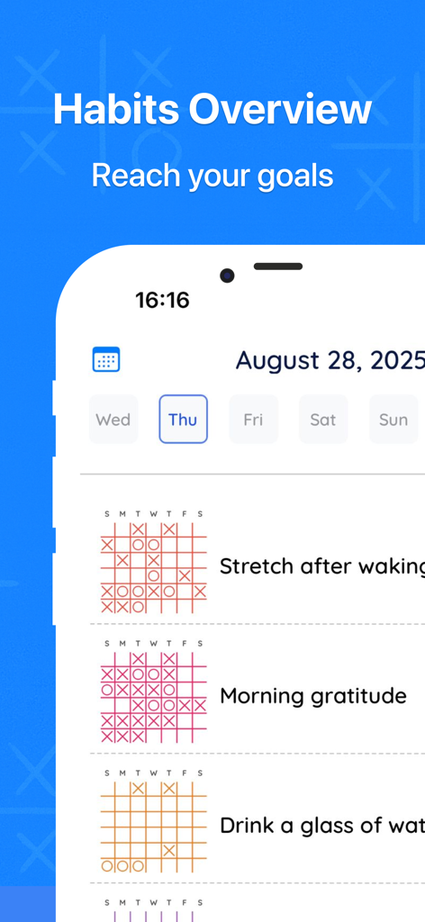 HabitX app interface showing a list of daily routines like stretching and gratitude with weekly progress grids.
