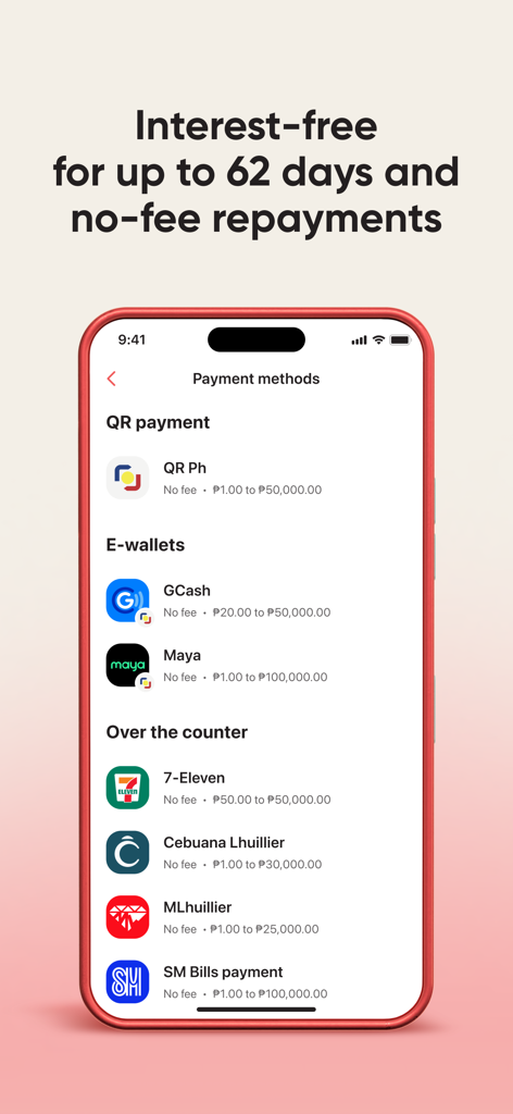 Mobile interface of Salmon app showing various payment methods including QR Ph e-wallets like GCash and Maya and over the counter options