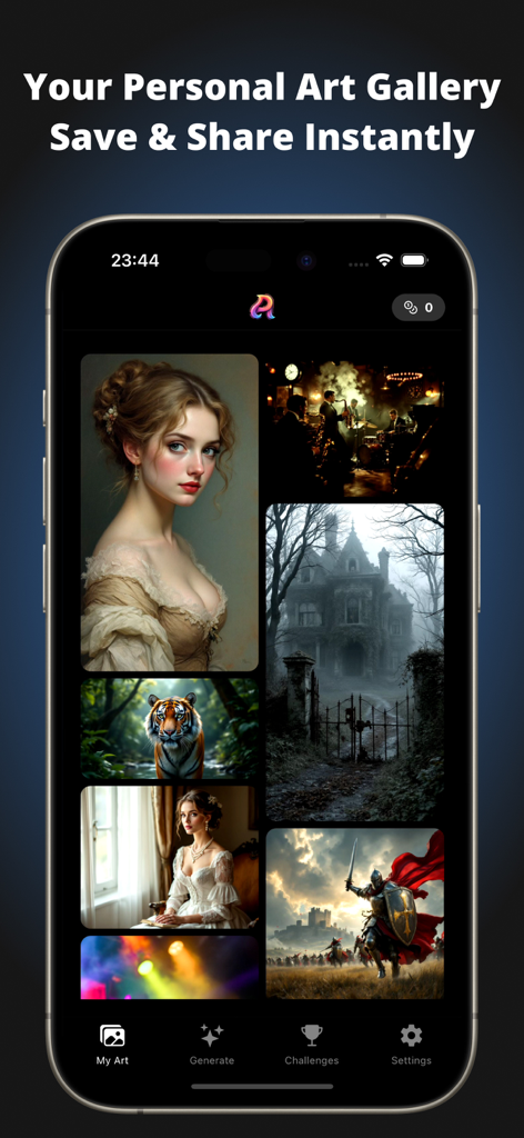 Artify: Art & Photo Generator - Screenshot dell'app Artify AI che mostra una galleria personale di opere d'arte digitali generate