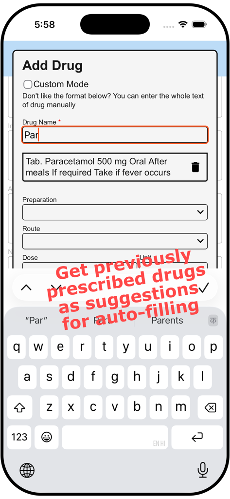 Digital Prescription Maker app interface showing the drug name autocomplete feature for faster prescribing