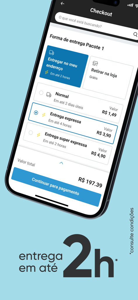 Drogaria São Paulo - Checkout screen of the Drogaria São Paulo mobile app displaying home delivery and in-store pickup options with express delivery times