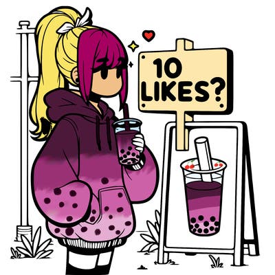 girl with oversized hoodie drinking boba and she has a high ponytail with a sign that says 10likes?