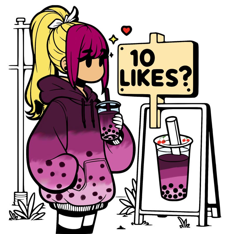 girl with oversized hoodie drinking boba and she has a high ponytail with a sign that says 10likes?