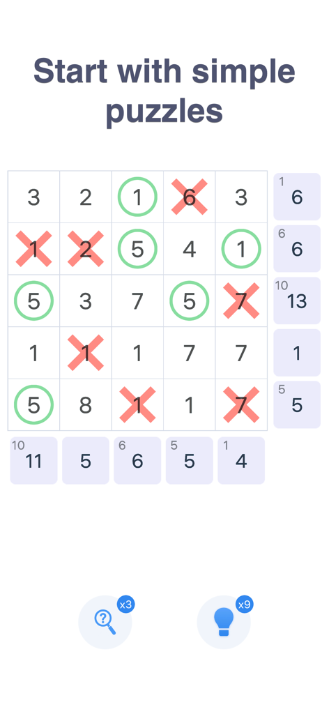 Sumplete: Logic Number Puzzle - Gameplay screenshot of Sumplete logic number puzzle showing a 5x5 grid with simple arithmetic challenges.