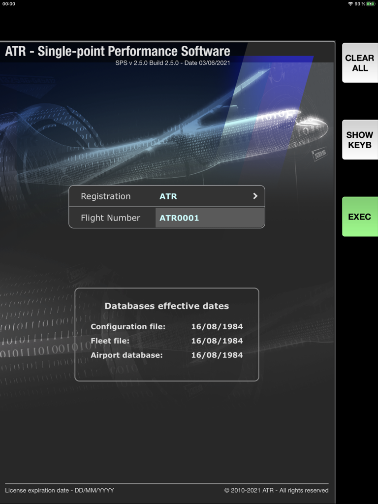 SPS - ATR aircraft performance - Home screen of SPS ATR aircraft performance app with flight registration and database information