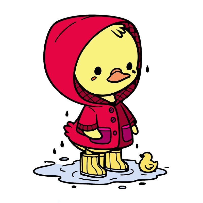 baby duck in a rain coat and boots, in a puddle while it’s raining