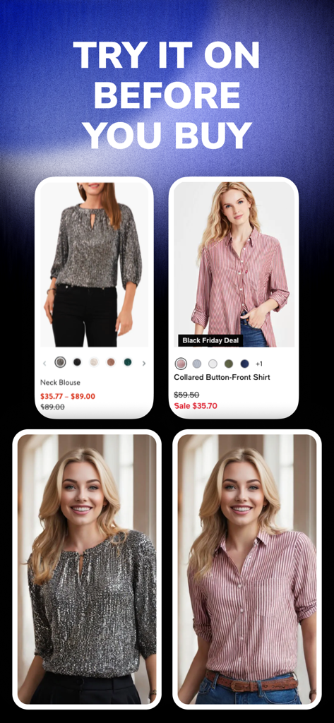 AI Virtual Try On - GIGI - A woman using the GIGI app to virtually try on a silver blouse and a striped button-front shirt before buying.