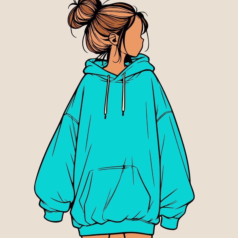 realistic girl with a oversized sweatshirt on and a bun