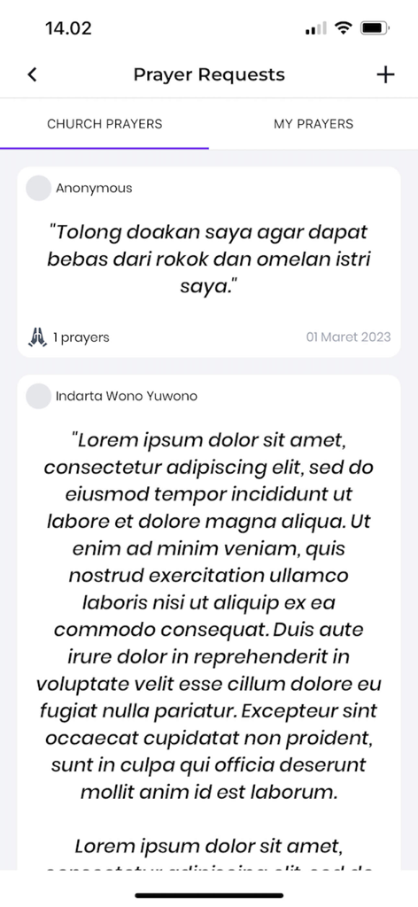 Erista - Interface of the Erista church management app showing the prayer requests screen with a list of community prayers.