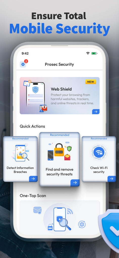 Hacker Protection, Private VPN - Prosec Security app interface showing mobile protection features and web shield