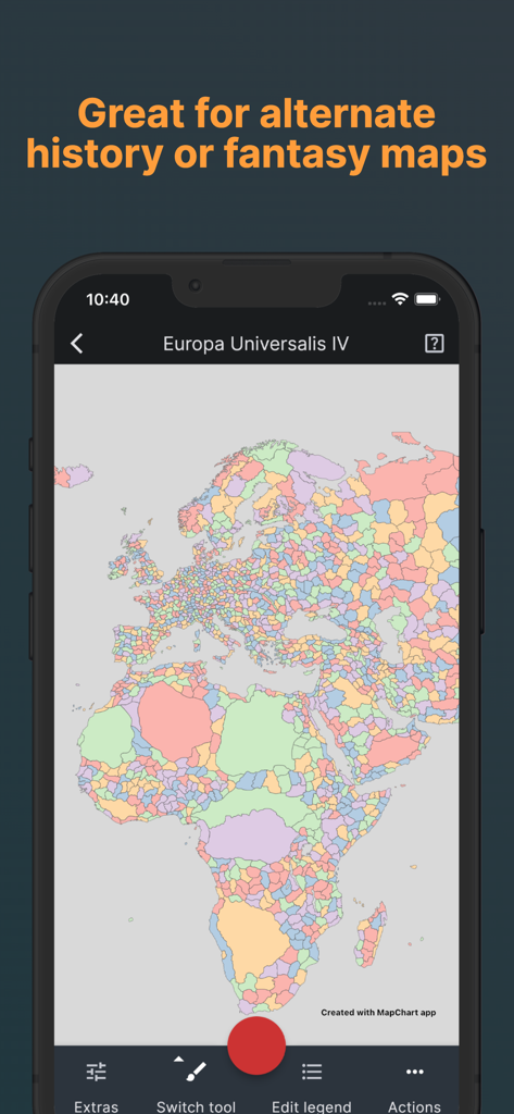 MapChart app interface showing a Europa Universalis IV map for alternate history and fantasy world building.