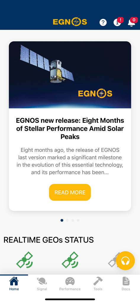 EGNOS - Pantalla de inicio de la aplicación EGNOS que muestra noticias sobre el rendimiento de los satélites e iconos de estado GEO en tiempo real