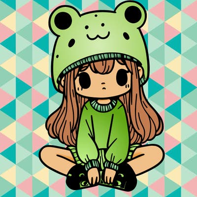 a girl wearing a frog hat and some frog socks