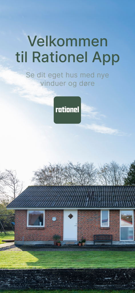 Pantalla de bienvenida de la aplicación Rationel con una casa de ladrillos y el logo de Rationel