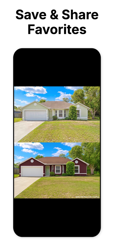 Comparação de antes e depois do exterior de uma casa usando uma ferramenta digital de visualização de tinta.