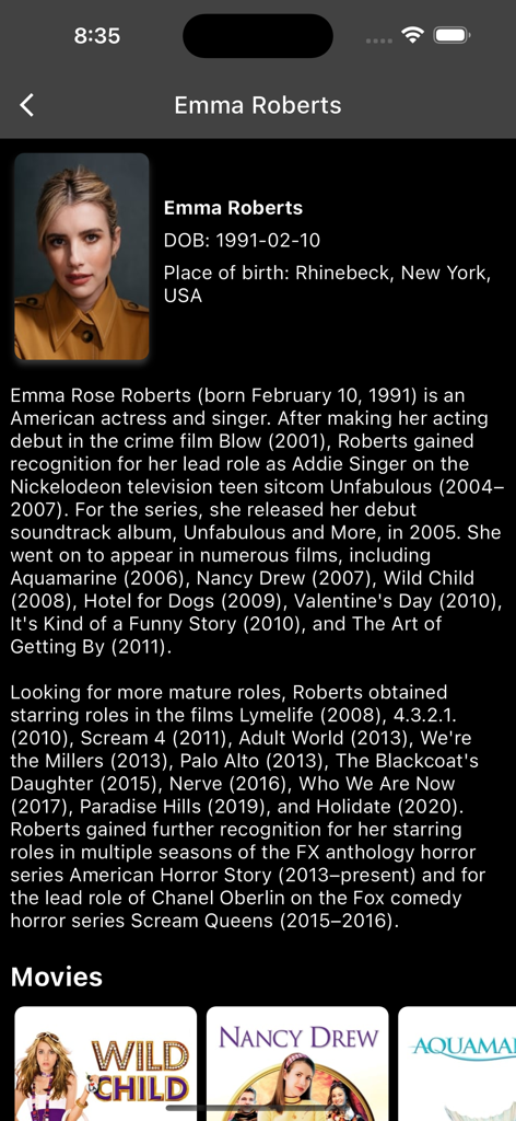 Detailed biography and movie list for actress Emma Roberts on the myFilms app interface
