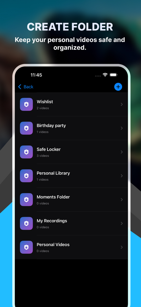 OMP - Offline Media Player - Smartphone screen showing the OMP app folder management system with secure password protected video libraries