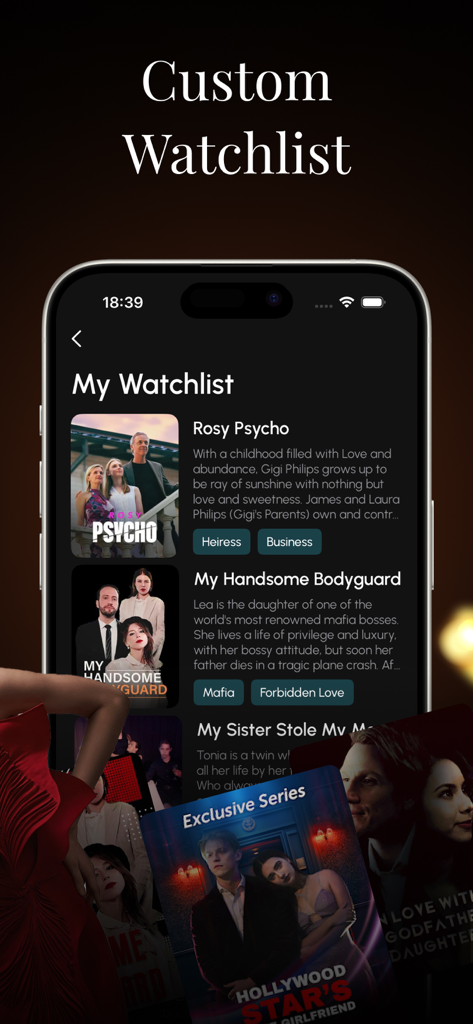 Drama Prime: Short Movies & TV - Exibição do iPhone da tela Minha Lista de Observação no aplicativo Drama Prime, apresentando títulos de dramas curtos como Rosy Psycho e My Handsome Bodyguard.