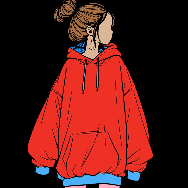 realistic girl with a oversized sweatshirt on and a bun