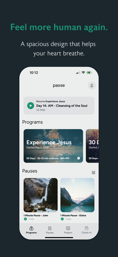 Pause: Prayer & Meditation - Pause app home screen showing guided meditation programs and nature themed pauses